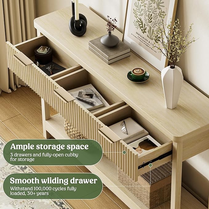 Lulive 51" Fluted Console Table for Entryway, Entryway Table with 3 Wooden Drawers, Farmhouse Behind Sofa Table for Living Room, Hallway, Couch, Foyer