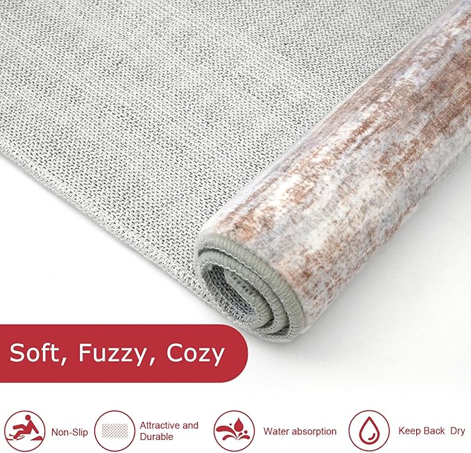 KOZYFLY Modern Abstract 3x5 Area Rug Washable Bedroom Rug Grey Brown, Throw Entry Mat Non-Slip Stain Resistant Carpet Dining Room Rug with Soft Low Pile for Living Room Kitchen Bath Office
