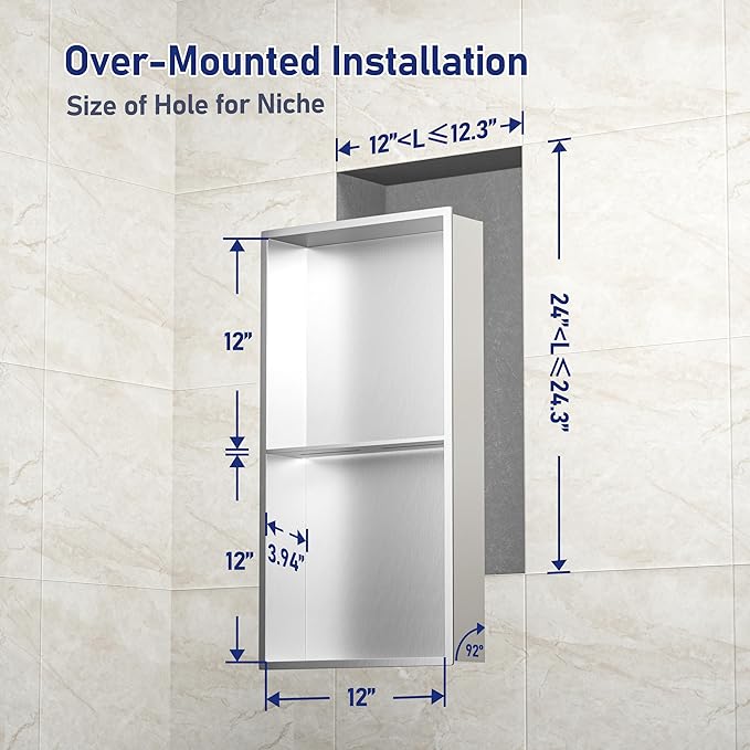Stainless Steel Shower Niche 24" X 12" Brushed No Tile Needed Wall Niche Double Shelves Recessed Shower Shelf for Bathroom Storage Over Mount Installation