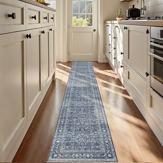 OPPODREAM Thin Vintage Blue 2x12 Runner Rug, 2 x 12 Retro Washable Rug Non Slip, Low-Pile Faux Wool Carpet, Distressed Navy Floor Mat for Kitchen, Hallway, Entry-Way, Entrance, Indoor Back Door
