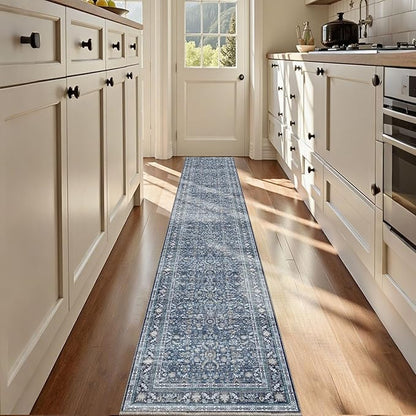 OPPODREAM Thin Vintage Blue 2x12 Runner Rug, 2 x 12 Retro Washable Rug Non Slip, Low-Pile Faux Wool Carpet, Distressed Navy Floor Mat for Kitchen, Hallway, Entry-Way, Entrance, Indoor Back Door