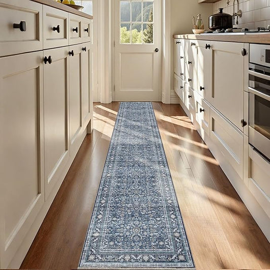 OPPODREAM Thin Vintage Blue 2x12 Runner Rug, 2 x 12 Retro Washable Rug Non Slip, Low-Pile Faux Wool Carpet, Distressed Navy Floor Mat for Kitchen, Hallway, Entry-Way, Entrance, Indoor Back Door
