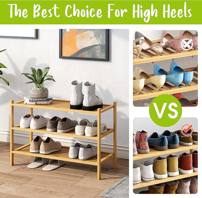 BMOSU 3-Tier Bamboo Shoe Rack Premium Stackable Shoe Shelf Storage Organizer for Hallway Closet Living Room Entryway Organizer(Natural)