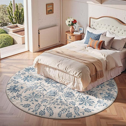 jinchan Classic Floral Round Rug 7ft, Vintage-Inspired Design 7’Circle Rug, Machine Washable Ultra-Thin Low-Pile Non-Slip Indoor Carpet for Bedroom Dining Room Living Room, Dark Blue
