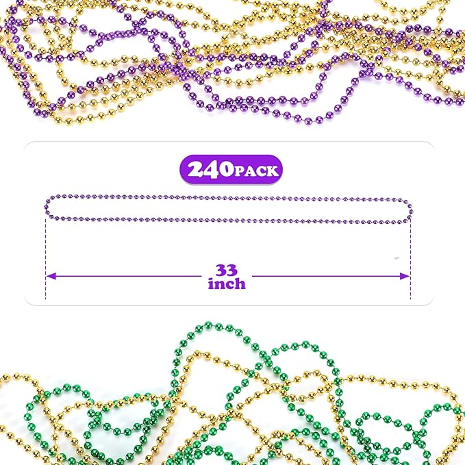 240 Pcs Purple Gold Green Bead Necklace, 33 Inch Mardi Gras Christmas Beads, Bulk Metallic Party Beads for Mardi Gras Parade , St Patricks Day, Wedding, Birthday, Pirate Party, Carnival Party Favors