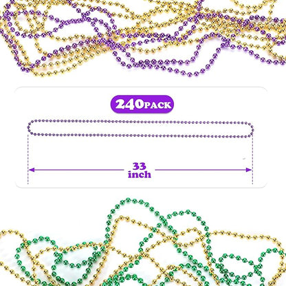 240 Pcs Purple Gold Green Bead Necklace, 33 Inch Mardi Gras Christmas Beads, Bulk Metallic Party Beads for Mardi Gras Parade , St Patricks Day, Wedding, Birthday, Pirate Party, Carnival Party Favors