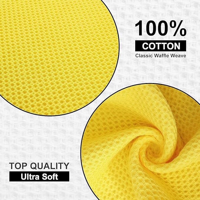 Kitinjoy 100% Cotton Kitchen Dish Cloths, 12 Pack Waffle Weave Ultra Soft Absorbent Dish Towels for Drying Dishes Quick Drying Kitchen Towels Dish Rags, 12 X 12 Inches, Yellow