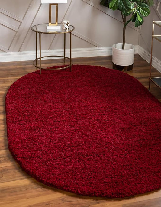 Unique Loom Solid Shag Collection Area Rug (5' 1" x 8' Oval, Cherry Red)