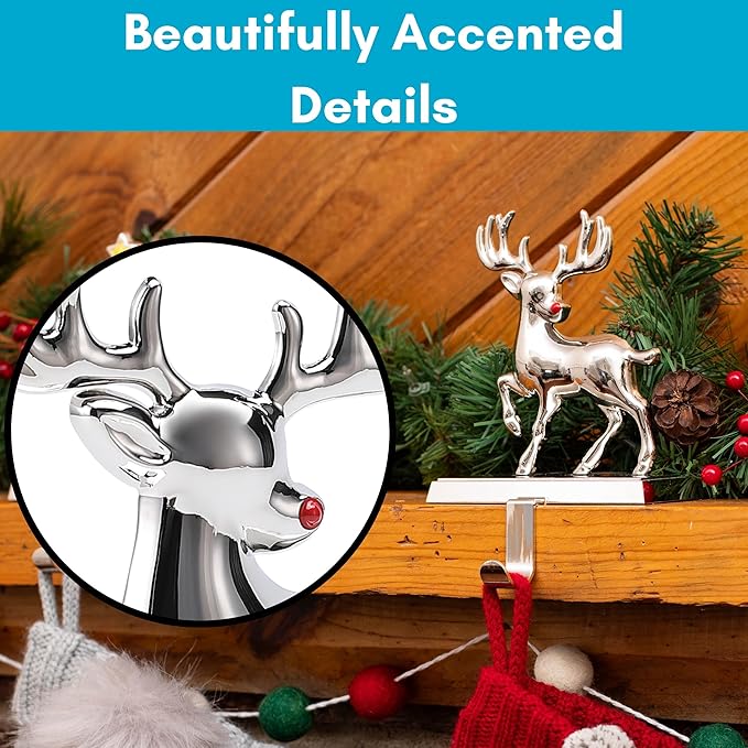 BIRDROCK HOME Christmas Stocking Holders for Mantle - Weighted Metal Hanger for Stockings & Holiday Decor - Metal Hook for Fireplace, Staircase, Shelf - Non-Scratch Base - Holiday Collection, Set of 4