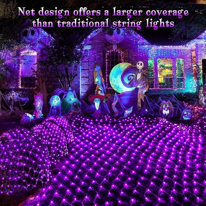 BlcTec Halloween Net Lights, 200 LED 8.2ft x 4.9ft Purple Halloween Lights with 8 Modes, Timer, Connectable, Waterproof and Green Wire Design for Trees, Bushes Outdoor Decorations