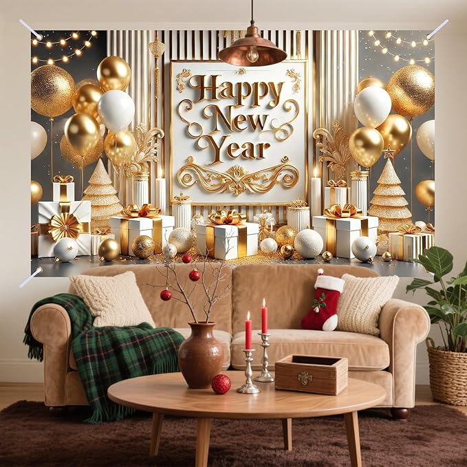Nuxovilar Happy New Year Banner, Vintage Frame Golden Balloons Backdrop for Party Decorations, 71x43 Inch
