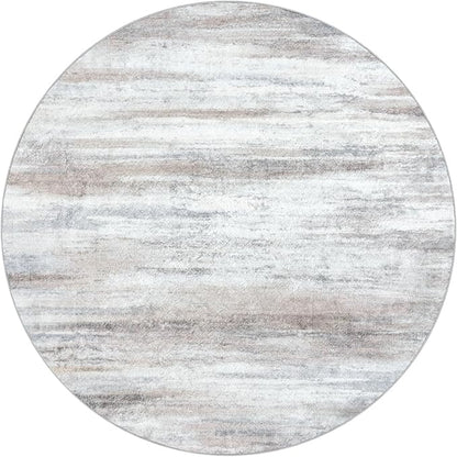 KOZYFLY Modern Abstract Round Rug 5Ft, Washable Kitchen Rug Non-Slip Soft Bathroom Circle Rug, Beige Striped Entryway Rugs Abstract Print Faux Wool Doormat for Bedside Entrance Bedroom Sink