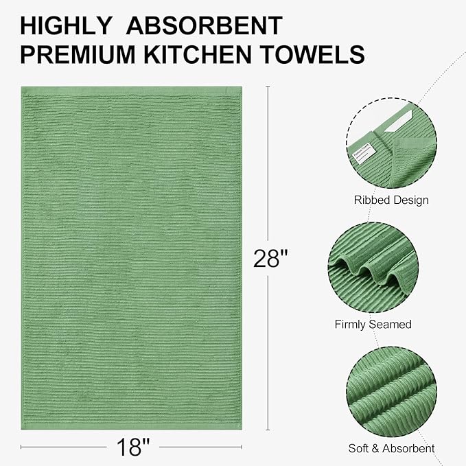 Homaxy Premium Kitchen Towels (18"x 28", 8 Pack), Large 100% Cotton Kitchen Hand Towels, Ultra Absorbent Ribbed Terry Tea Towels Set with Hanging Loop, Grass Green