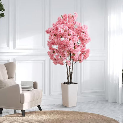 Artificial Cherry Blossom Tree, 5FT Fake Plants Indoor, Faux Pink Sakura Flowers Blooming Tree in Pot, Artificial Trees Silk Plant for House Bedroom Living Room Office Entryway Porch Decor