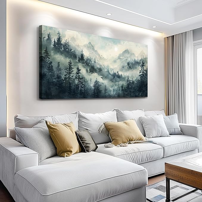 KELIYUAN Modern Large Canvas Print Wall Art Misty Forest Landscape Painting Home Decoration Natural Landscape Artwork Picture Living Room Bedroom Office Wall Decoration Ready To Hang 24x48 Inches