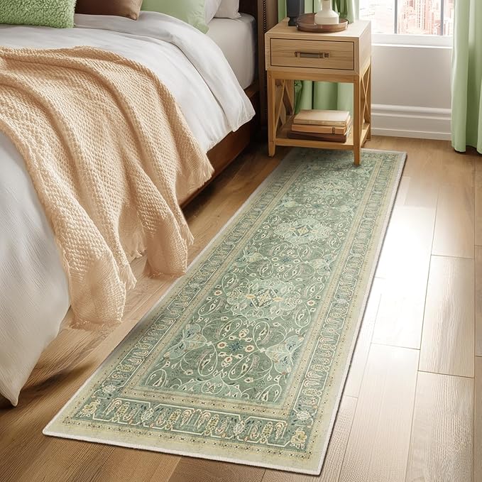 Sage Green Boho Hallway Runner 2x6, Low Pile Thin Entryway Runner 6ft, Kitchen Runner Rugs Non Skid Washable for Laundry Room Bedside Bathroom, Floral Moroccan Pattern with Opal Colors