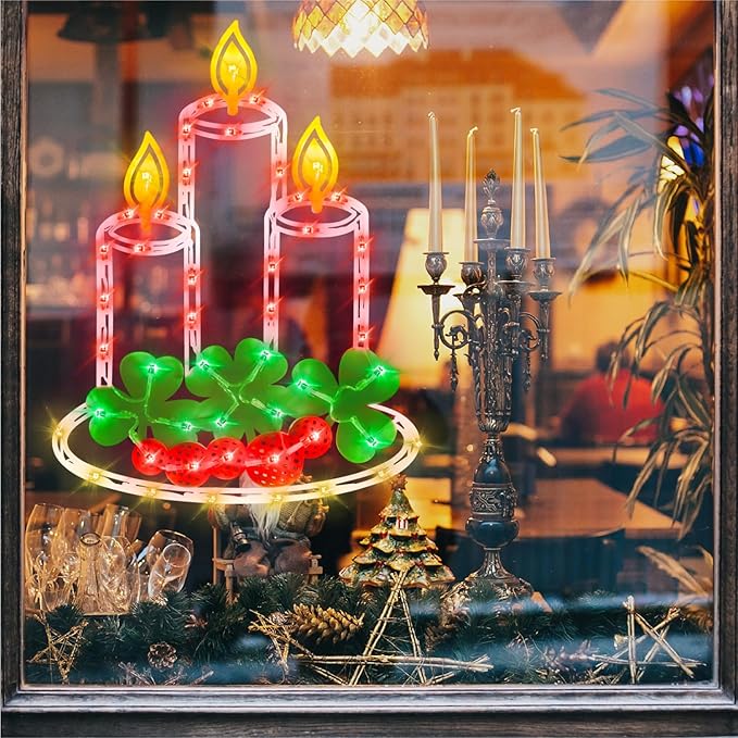 16" Christmas Window Silhouette Lights Decorations - 4 Pack Colour Lighted Angel ＆ Nativity ＆ Candle ＆ Bethlehem Star for Holiday Wall Door Window Decorate