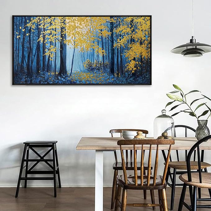 KLAKLA Blue and Gold Tree Wall Art - Birch Tree Forest Painting Pictures Framed Artwork for Living Room Bedroom Office Canvas Print Art Gorgeous Landscape Wall Art Home Decoration - 48x24 Inches
