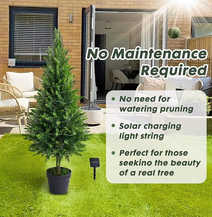 2 Packs of Fake Cypress Plants, 4FT Artificial Cedar Pruning Tree, with Flowerpot, UV Resistant Artificial shrubs, Suitable for Outdoor and Indoor Front Porch Gardens