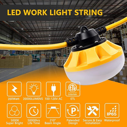 200FT Construction String Lights LED Industrial Grade Best for Construction Sites, Renovation, Walkways,Patio，Mine cave, Outdoor, and Other Outdoor Lighting Solutions Use,Free for Climbing Hook