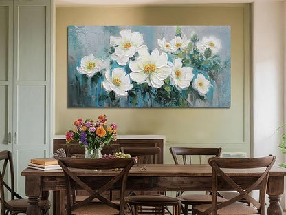 Ardemy White Floral Canvas Wall Art Extra Large Teal Textured Pictures Wall Decor Turquoise Paintings Artwork for Living Room Bedroom Home Office, 58"x29"
