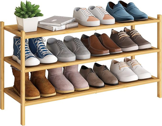 BMOSU 3-Tier Bamboo Extended Shoe Rack Premium Stackable Shoe Shelf Storage Organizer for Hallway Closet Living Room Entryway Organizer(Natural)