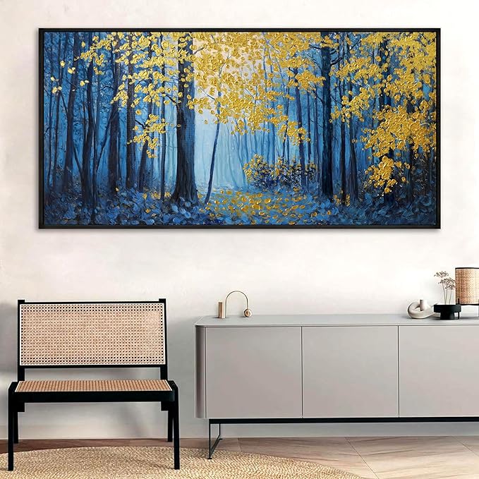 KLAKLA Blue and Gold Tree Wall Art - Birch Tree Forest Painting Pictures Framed Artwork for Living Room Bedroom Office Canvas Print Art Gorgeous Landscape Wall Art Home Decoration - 58x29 Inches
