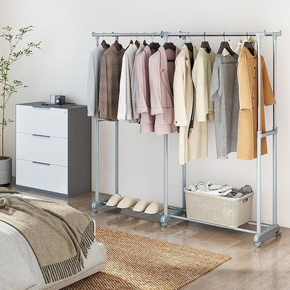 Tangkula Extendable Double Rods Garment Rack, Rolling Clothing Organizer with Adjustable Height & Width, Portable Closet Rack with Wheels, Heavy Duty Foldable Metal Clothes Rack for Bedroom & Laundry
