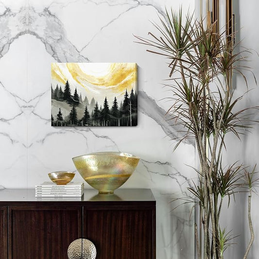 ARTZON Black Wall Art – Abstract Forest Sunrise Landscape Canvas Print, Mountain Retro Foggy Pine Tree Nature Picture, Vintage Decorative Small Moody Artwork for Bathroom or Bedroom, 16x12 Inch