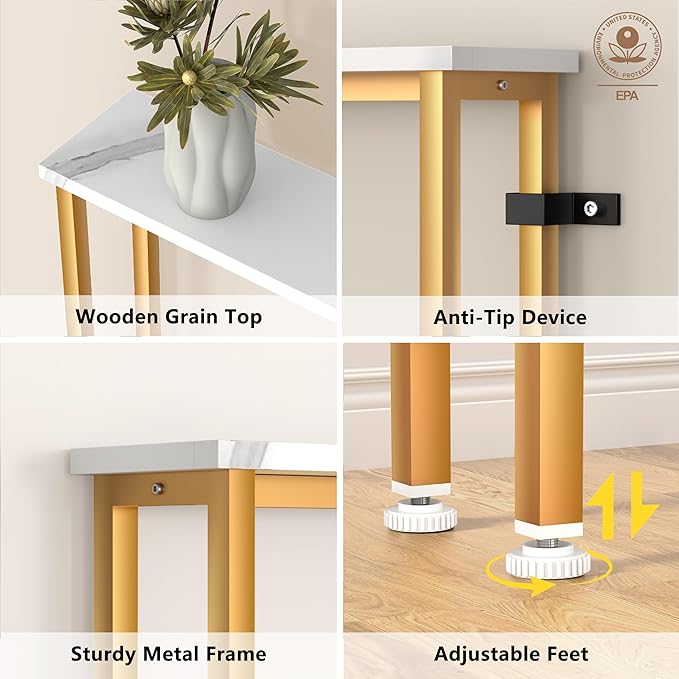 78Inch Console Table with Outlet, Sofa Table with Charger,Skinny Hallway Table, Narrow Entryway Table,Table Behind Sofa,for Living Room,Gold & White