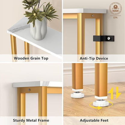 78Inch Console Table with Outlet, Sofa Table with Charger,Skinny Hallway Table, Narrow Entryway Table,Table Behind Sofa,for Living Room,Gold & White