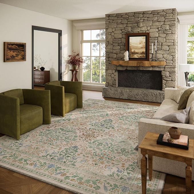 9x12 Area Rugs for Living Room: Washable Bedroom Rug Vintage Area Rug Stain Resistant Non Slip Low Pile Lightweight Soft Carpets for Dining Room Kitchen Nursery Kids Room Farmhouse Home Office