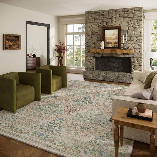 9x12 Area Rugs for Living Room: Washable Bedroom Rug Vintage Area Rug Stain Resistant Non Slip Low Pile Lightweight Soft Carpets for Dining Room Kitchen Nursery Kids Room Farmhouse Home Office