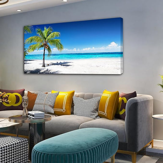 Baisuart-Large Canvas Wall Art Summer Ocean Waves Coconut Trees on Sands Beach Seascape Painting Sea Nature Pictures for Living Room Home Office Wall Decor Artwork