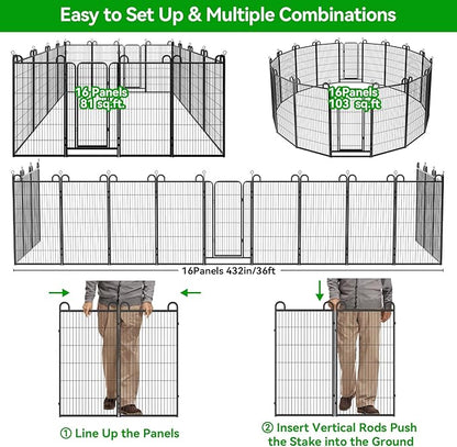 Dog Playpen Outdoor 16 Piece Panels Heavy Duty Dog Fence 47" Height Anti-Rust with Doors Portable for RV Camping Yard, Total 36FT, 103 Sq.ft, Snowy Black