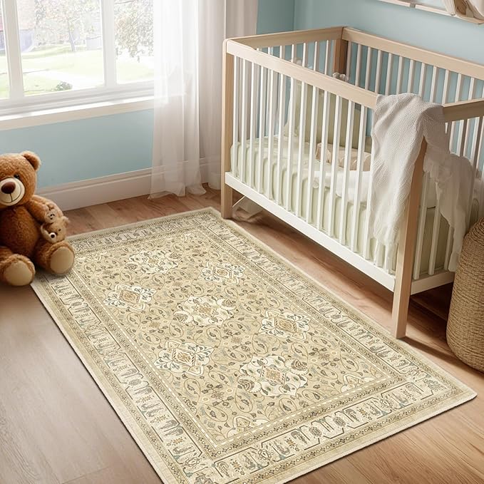 Warm Beige 3x5 Entryway Rug Indoor, Boho Floral Moroccan Pattern Printed Throw Rugs for Nursery Bedroom Bedside, Low Pile Thin Non Slip Washable Area Rug for Kitchen Foyer Mudroom Dorm
