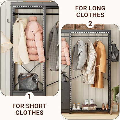 Lulive Clothes Rack, Heavy Duty Garment Rack for Hanging Clothes, Industrial Clothing Racks with Shelves, 2 Fabric Drawers, 4 Hooks, 2 Hanging Rods, Freestanding Closet Organizer, Black