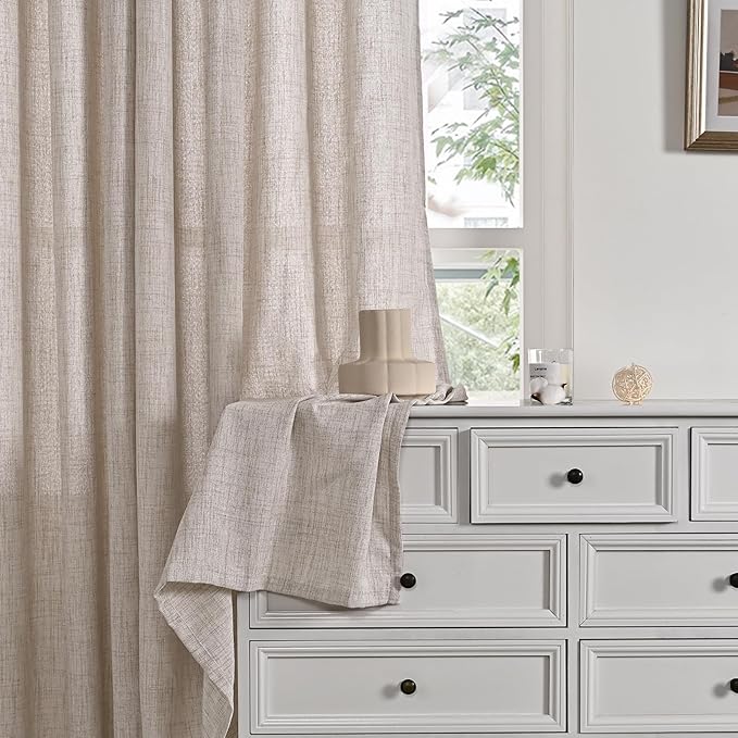 YoungsTex Short Linen Curtains 48 Inches Length for Small Window, Light Filtering Drapes with Bronze Grommet Textured Sheer Privacy for Kitchen Bathroom, 34 x 48 Inch, 2 Panels