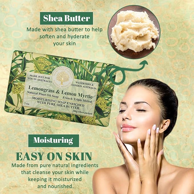 Wavertree & London Lemongrass & Lemon Myrtle Scented Natural Soap (8 Bars), 7oz Moisturizing French Triple Milled Soap Bars enriched with shea butter - Plant Oil Bath & Body Bars for All Skin Types