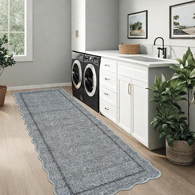 GarveeHome Scalloped Washable Runner Rugs 2x6 Rug Runner Modern Non Slip Kitchen Rugs Indoor Entryway Rug Farmhouse Soft Bath Mat Stain Resistant Carpet for Bedroom Hallway Laundry 2 ft x6 ft Grey