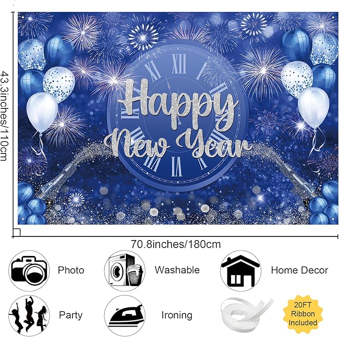 MEHOFOND Happy New Year Backdrop Blue 2026 New Year Eve Party Decorations Banner Supplies Shining Champagne Balloons Firework Photography Background New Years Eve Photo Studio Props 6 x 3.6 ft