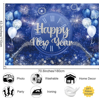 MEHOFOND Happy New Year Backdrop Blue 2026 New Year Eve Party Decorations Banner Supplies Shining Champagne Balloons Firework Photography Background New Years Eve Photo Studio Props 6 x 3.6 ft
