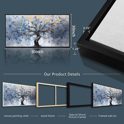 Wapluam Black Framed Canvas Wall Decorations For Living Room Wall Art For Bedroom Abstract Office Blue Tree Scenery Wall Pictures Modern Home Decor Stretched And Framed Ready To Hang Room Artwork