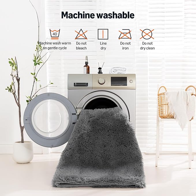 Amazon Basics Fluffy Washable Area Rug, Shaggy Carpet for Living Room, Bedroom, 5' W × 7' L, Dark Gray