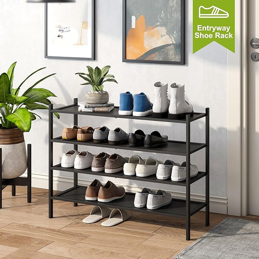 BMOSU 4-Tier Bamboo Extended Shoe Rack Premium Stackable Shoe Shelf Storage Organizer for Hallway Closet Living Room Entryway Organizer(Black)