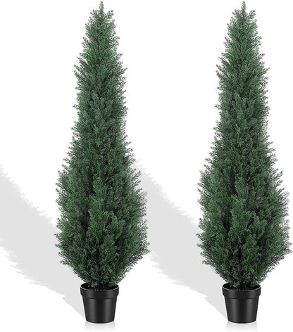 5FT Artificial Cedar Trees - Realistic Faux Evergreen Topiary Bushes Plants - Outdoor Potted Fake Cypress Shrubs for Front Porch Garden Home Decor - Set of 2