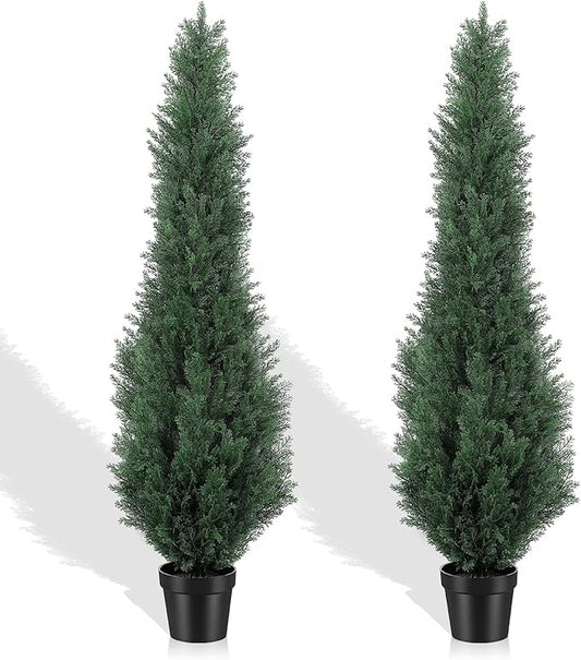 5FT Artificial Cedar Trees - Realistic Faux Evergreen Topiary Bushes Plants - Outdoor Potted Fake Cypress Shrubs for Front Porch Garden Home Decor - Set of 2