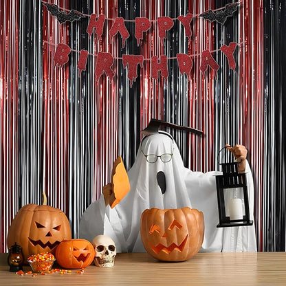 BRAVESHINE Tinsel Photo Backdrop Curtains - 2 Pack 3.2x8.2ft Black Red Foil Fringe Streamer Curtain for Christmas/New Years/Birthdays/Bachelorette/Home/Office/Indoor/Outdoor Party Supplies Decorations