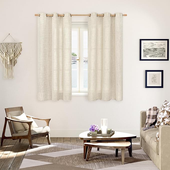 YoungsTex Linen Boho Curtains 54 Inches Length for Living Room Window, Short Semi Sheer Drapes with Bronze Grommet Light Filtering Privacy for Bathroom Bedroom, 42 x 54 Inch, 2 Panels