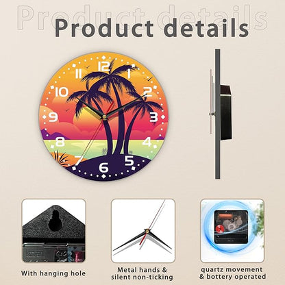 Palm Tree Sunset Art Wall Clock Vintage Wooden Wall Clock Silent Non-Ticking Battery Operated Arabic Numerals Wall Clocks Decorative for Kitchen, Office, Classroom 10 Inch